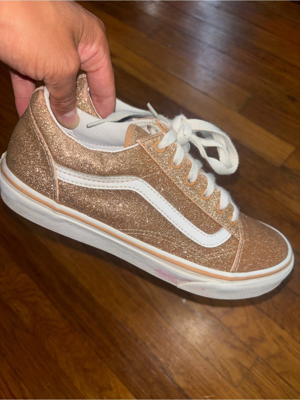 Vans Kids Rose Gold Glitter Low Top Sneakers with White Stripe